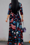 Dark Blue Red Casual Print Strap Design Patchwork V Neck Long Dresses