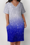 Light Blue Casual Daily Gradient Print Pocket Sequined V Neck Printed Plus Size Dresses