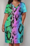 Brown Casual Animal Print Snakeskin Print Pocket V Neck Printed Plus Size Dresses