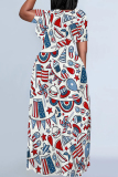 White Red Casual Print Patchwork O Neck Straight Dresses