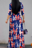 Dark Blue Red Casual Print Strap Design Patchwork V Neck Long Dresses
