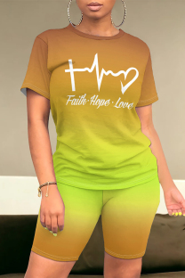 Green Yellow Casual Daily Gradient Print Letter Print Contrast O Neck Short Sleeve Two Pieces