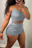 Green Casual Solid Color Draw String Backless Ruched Patchwork Spaghetti Strap Sleeveless Two Pieces