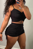 Green Casual Solid Color Draw String Backless Ruched Patchwork Spaghetti Strap Sleeveless Two Pieces