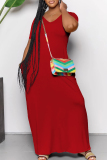 Blue Casual Solid Color Pocket Patchwork V Neck Long Dresses
