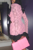 Pink Black Sexy Lace Hollow Out Strap Design Patchwork Cardigan Collar Long Sleeve Two Pieces