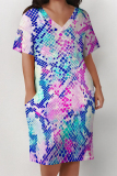 Brown Casual Animal Print Snakeskin Print Pocket V Neck Printed Plus Size Dresses