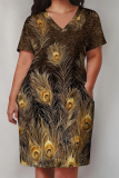 Brown Casual Animal Print Snakeskin Print Pocket V Neck Printed Plus Size Dresses