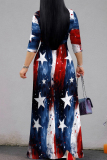 Dark Blue Red Casual Print Strap Design Patchwork V Neck Long Dresses