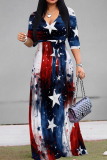 Dark Blue Red Casual Print Strap Design Patchwork V Neck Long Dresses
