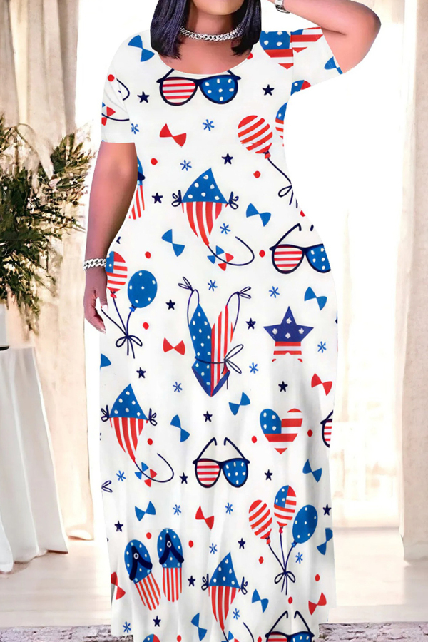 White Blue Casual Print Patchwork O Neck Straight Dresses
