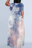 Blue White Casual Street Gradient Print Letter Print O Neck Printed Dresses