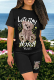 Brown Casual Cartoon Print O Neck Short Sleeve Two Pieces