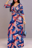 Dark Blue Red Casual Print Strap Design Patchwork V Neck Long Dresses