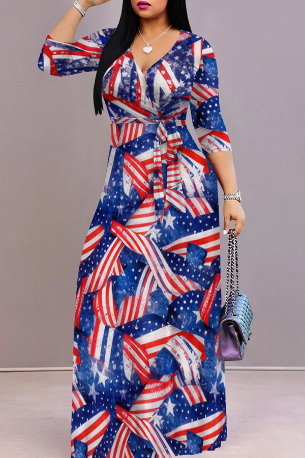 Blue Red Casual Print Strap Design Patchwork V Neck Long Dresses