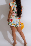 White Casual Print Buckle Strap Design Patchwork Turndown Collar Loose Rompers