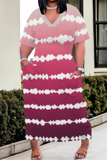 Red Casual Street Striped Print Pocket Contrast V Neck Printed Plus Size Dresses
