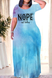 Blue White Casual Street Gradient Print Letter Print O Neck Printed Dresses