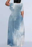 Blue White Casual Street Gradient Print Letter Print O Neck Printed Dresses