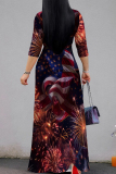 Dark Blue Red Casual Print Strap Design Patchwork V Neck Long Dresses
