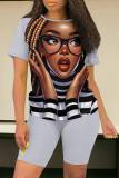 Blue Casual Figure Print Basic O Neck Short Sleeve Two Pieces