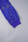 Blue Casual Solid Hollowed Out See-through Half A Turtleneck Regular Jumpsuits