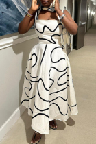 White Celebrities Striped Print Pocket Patchwork Square Neck A Line Dresses