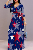 Powder Blue Casual Print Strap Design Patchwork V Neck A Line Dresses