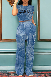 Light Blue Casual Street Letter Print Faux Denim Print Pocket O Neck Short Sleeve Two Pieces