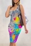 Blue Gray Casual Faux Denim Print Basic U Neck Vest Dresses