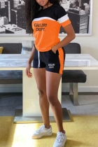 Orange Casual Street Striped Print Letter Print Pocket Contrast O Neck Short Sleeve Two Pieces