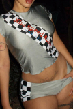 Grey Casual Print Patchwork O Neck Short Sleeve Two Pieces