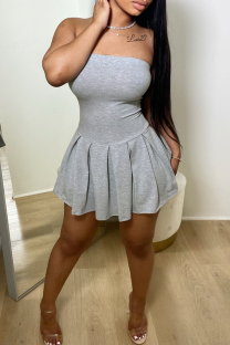 Grey Sexy Solid Color Backless Ruched Patchwork Strapless A Line Dresses