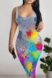 Blue Gray Casual Faux Denim Print Basic U Neck Vest Dresses