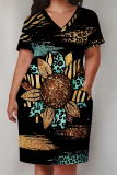 Black Casual Daily Plants Print Pocket V Neck Printed Plus Size Dresses