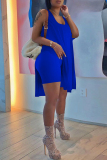 Royal Blue Casual Solid Color High Slit Patchwork Square Neck Sleeveless Two Pieces