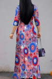 Powder Blue Casual Print Strap Design Patchwork V Neck A Line Dresses