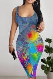 Blue Gray Casual Faux Denim Print Basic U Neck Vest Dresses