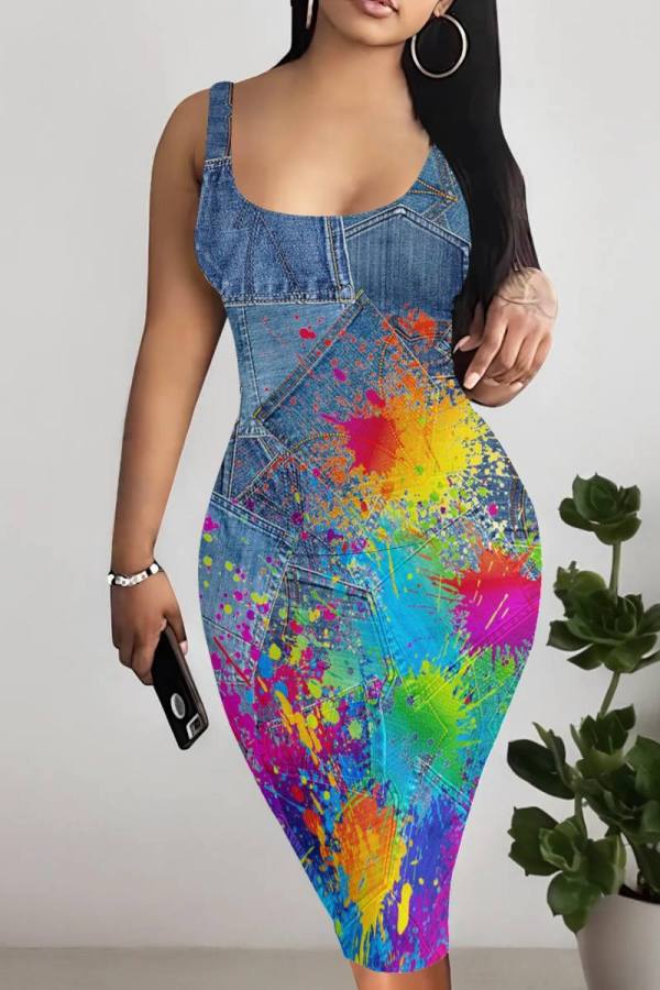 Blue Casual Faux Denim Print Basic U Neck Vest Dresses