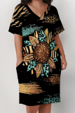 Black Casual Daily Plants Print Pocket V Neck Printed Plus Size Dresses