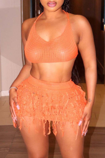 Orange Sexy Solid Lace Backless Cross Straps Weave Spaghetti Strap Sleeveless Two Pieces