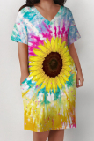 Black Casual Daily Plants Print Pocket V Neck Printed Plus Size Dresses