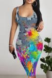 Blue Gray Casual Faux Denim Print Basic U Neck Vest Dresses