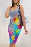 Blue Gray Casual Faux Denim Print Basic U Neck Vest Dresses
