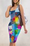 Blue Gray Casual Faux Denim Print Basic U Neck Vest Dresses