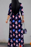 Powder Blue Casual Print Strap Design Patchwork V Neck A Line Dresses