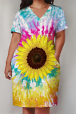Black Casual Daily Plants Print Pocket V Neck Printed Plus Size Dresses