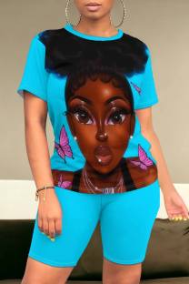 Blue Casual Figure Print Basic O Neck Short Sleeve Two Pieces