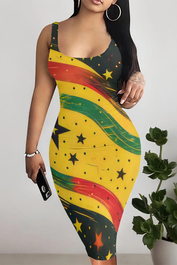 Yellow Casual Striped Print The stars Contrast U Neck Printed Dresses