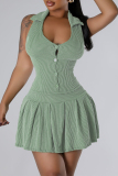 Sky Blue Sexy Solid Color Buckle Ruched Patchwork U Neck A Line Dresses